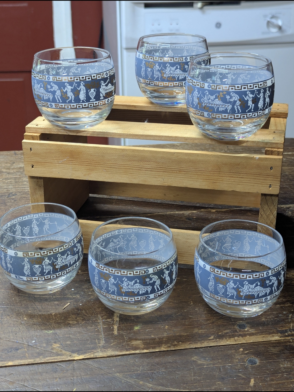 6 Vintage Cera Etruscan Frieze Cocktail Glasses Roly Poly Rocks Glasses MCM